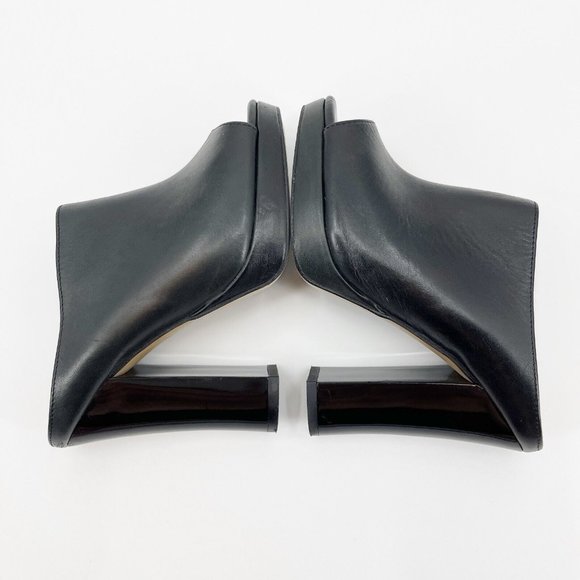 Black Leather Platform Mule Peep Toe Patent Block Heels - Picture 4 of 9